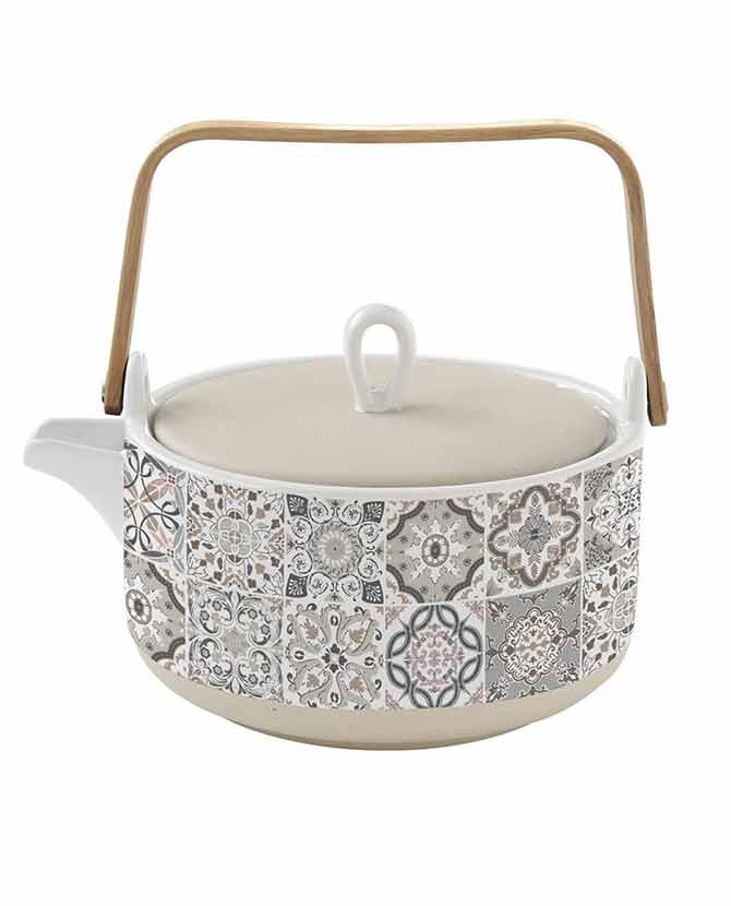 Mozaikmintás porcelán teáskanna natúr színű bambusz fogantyúval