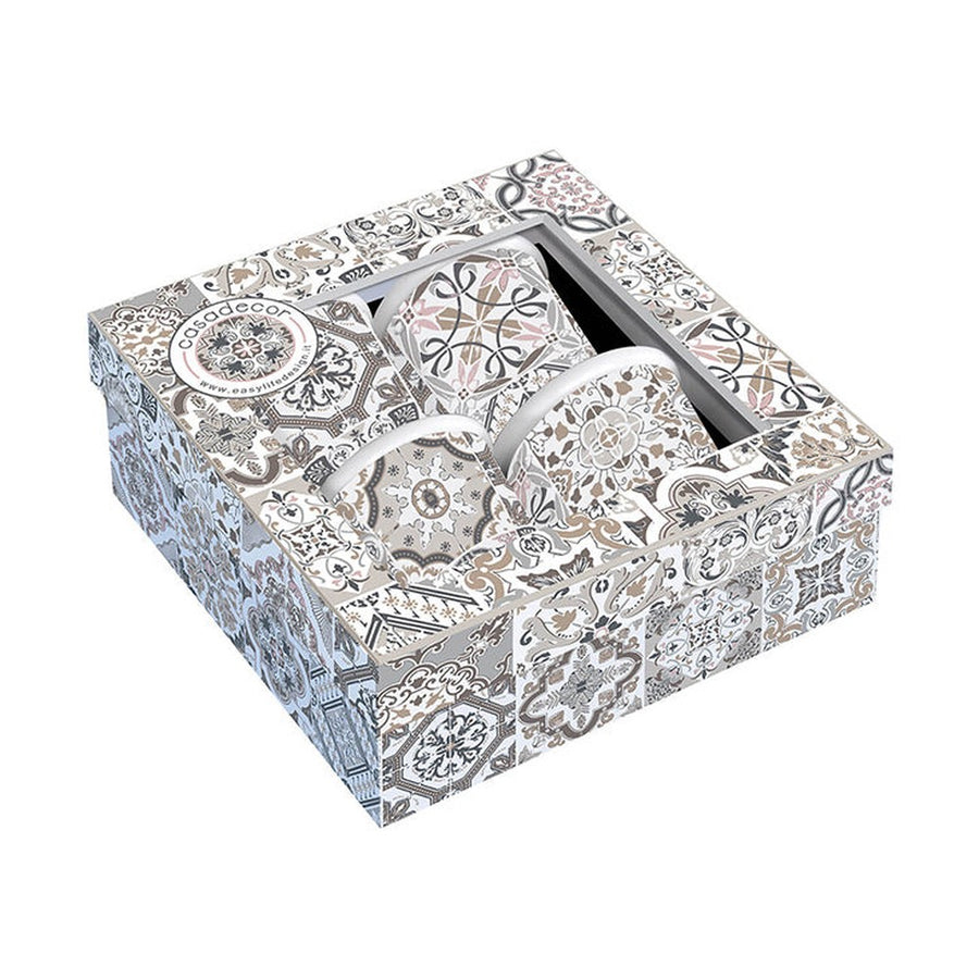 Mediterrán stílusú, négyszemélyes mozaikmintás porcelán espresso pohár szett ablakos díszdobozba csomagolva,