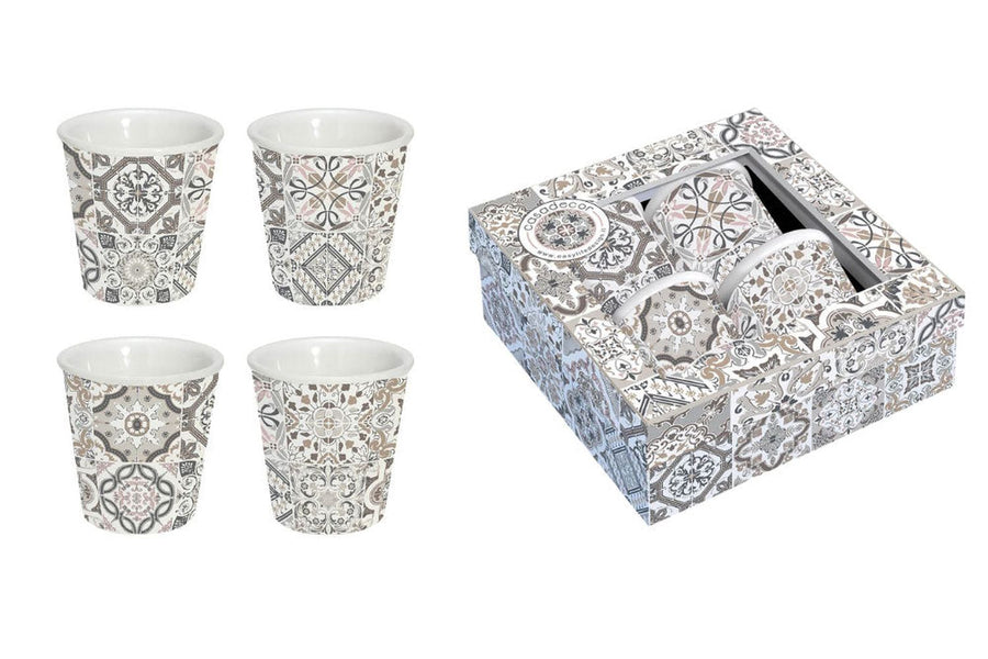 Mediterrán stílusú, négyszemélyes mozaikmintás porcelán espresso pohár szett ablakos díszdobozba csomagolva
