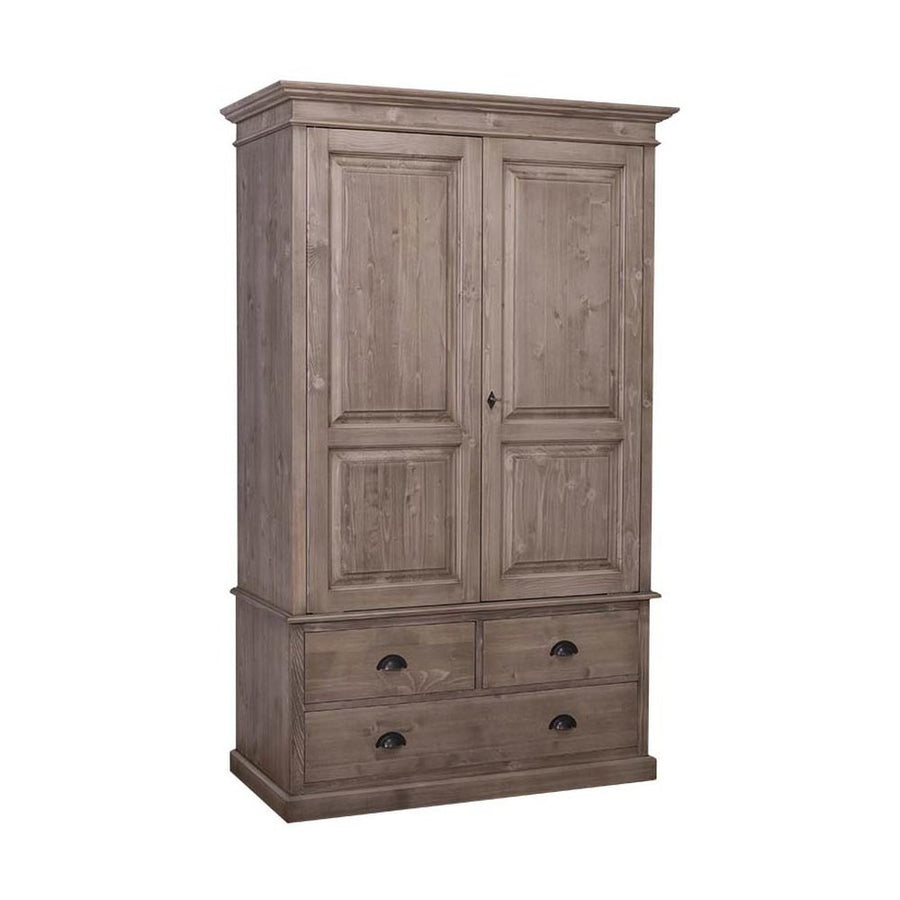 Fenyőfa gardróbszekrény kétszárnyas, kazettás ajtóval, két kisebb valamint egy nagy fiókkal. Színe szürkésbarna. Csiszolásának köszönhetően jól látszódnak a fa erezetei.