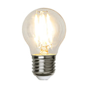 Meleg fehér fényű, kisfeszültségű LED izzó átlátszó üveggel. Színhőmérséklete 2700 K.