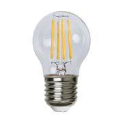 Meleg fehér fényű, kisfeszültségű LED izzó átlátszó üveggel. Színhőmérséklete 2700 K.