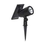 Kültéri, földbe szúrható, fekete színű, napelemes kerti lámpa.