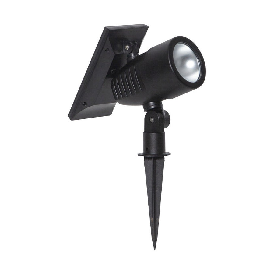 Kültéri, földbe szúrható, fekete színű, napelemes kerti lámpa.