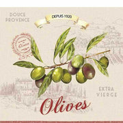 Mediterrán stílusú, olajbogyóval és Olives felirattal díszített, extra minőségű, természetes úton fehérített, három rétegű puha papírszalvéta, 20 darabos kiszerelésbe csomagolva.