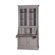 Szürke színű, kétosztatú szekreter szekrény. A felső részen vitrines tároló, az alsó részen  lehajtható írópad, hat kisebb és két nagyobb fiók, valamint az ajtós tároló lett kialakítva