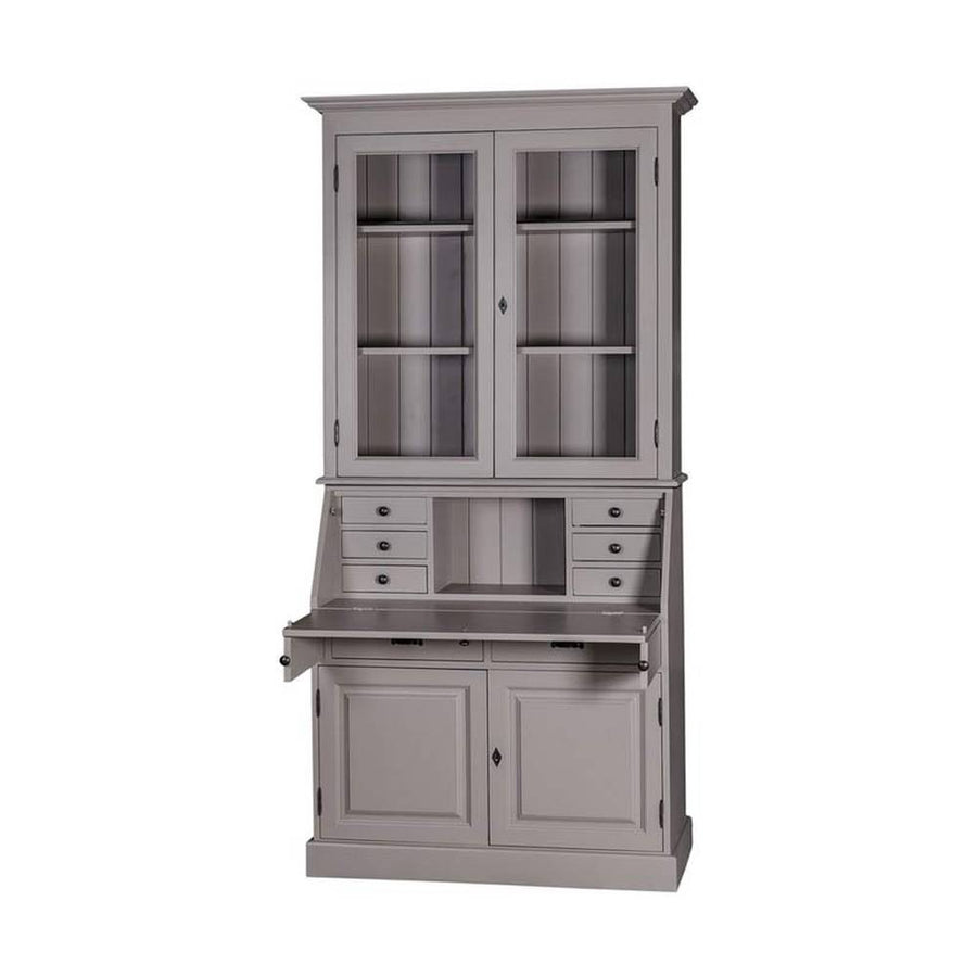 Szürke színű, kétosztatú szekreter szekrény. A felső részen vitrines tároló, az alsó részen  lehajtható írópad, hat kisebb és két nagyobb fiók, valamint az ajtós tároló lett kialakítva