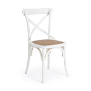 Klasszikus stílusú, fehér színű, szilfából készült étkezőszék rattan ülőfelülettel.