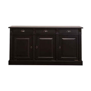 Fenyőfa tálalókomód, dekoratív, klasszicizáló faragással. A tárolásról három fiók és három ajtós tároló gondoskodik. Színe: sötétbarna