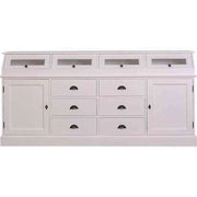 Fehér színű fenyőfa tálalókomód hat fiókkal, két ajtós tárólóval és négy vitrines tárolóval.