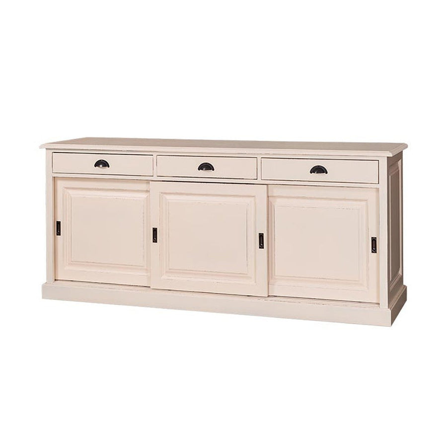 Country stílusú tálaló négy fiókkal, és három darab tolóajtó mögött kialakított tárolóval. Színe fehérr.