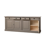 Kétosztatú country és klasszikus stílusú fenyőfa tálaló négy fiókkal, és kétszer két ajtós tárolóval. Színe: világosszürke, belül krémszínű.