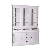 Kétrészes fenyőfa tálalószekrény. A felső részen három vitrines ajtó mögött három polc található. Alul három fók, két ajtós tároló és három vitrines rekesz gondoskodik a tárolásról. A bútor színe antikolt fehér.