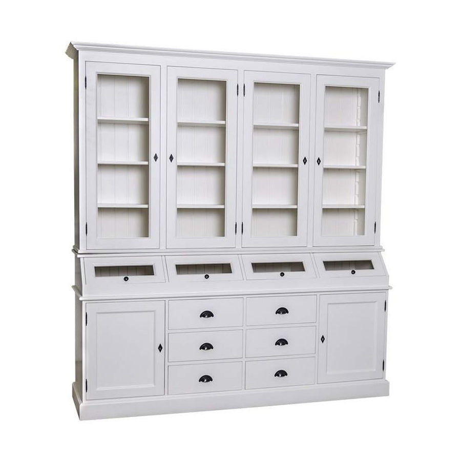 Country stílusú nagyméretű, kétosztatú fenyőfa tálalószekrény. Színe: fehér.