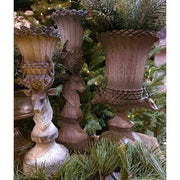 Vintage stílusú, fa hatású, 35 cm magas, szürke színű, szarvasfejes karácsonyi váza fenyőkkel és szarvasos gyertyatartókkal 