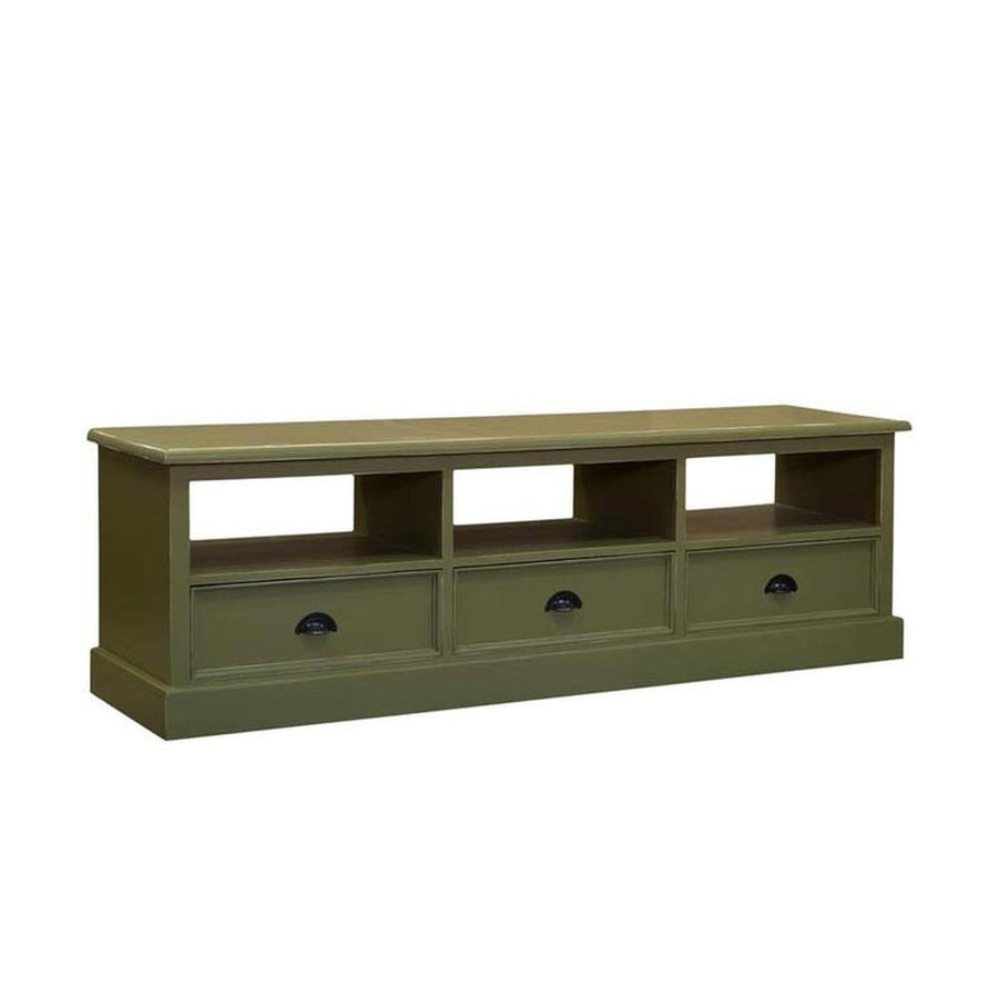 Fenyőfa TV szekrény, három nyitott tárolóval és három fiókkal. Színe: sötét olívazöld.