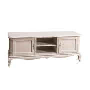 Shabby chic stílusú, fehér színű tv szekrény, két darab ajtós tárolóval, és egy polccal.