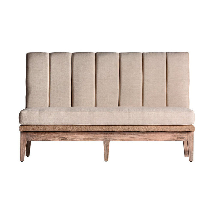 Koloniál stílusú, teakfából készült, bézs színű vászonszövettel kárpitozott kanapé.