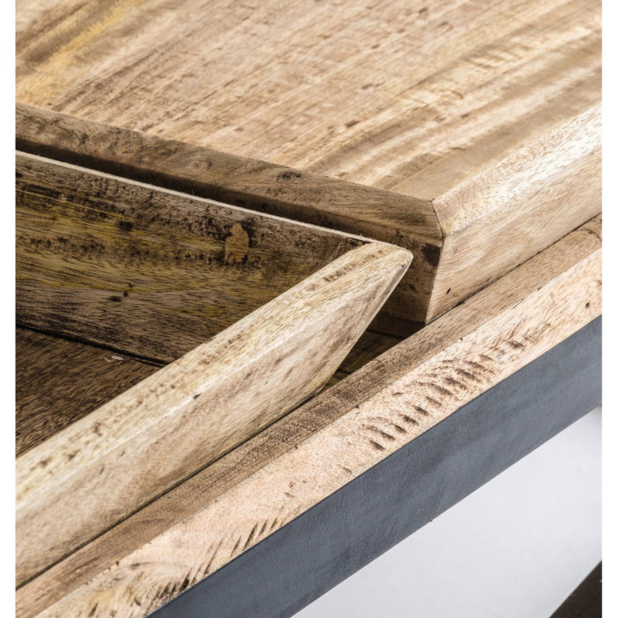 Mangófából és acélból készült, skandináv stílusú konzolasztal. tálca részlete.