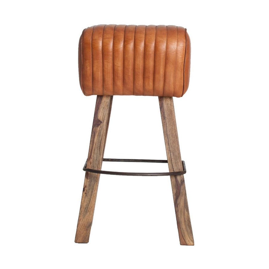 Loft stílusú, fából és valódi bőrből készült 75 cm magas ülőke fém kiegészítővel.