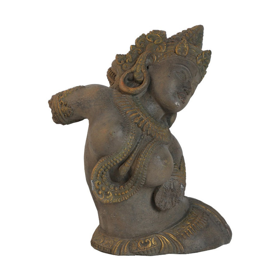 Orientál stílusú, hindu istennőt ábrázoló, antikolt hatású, aranyfestéses, kézzel készült kőszobor.