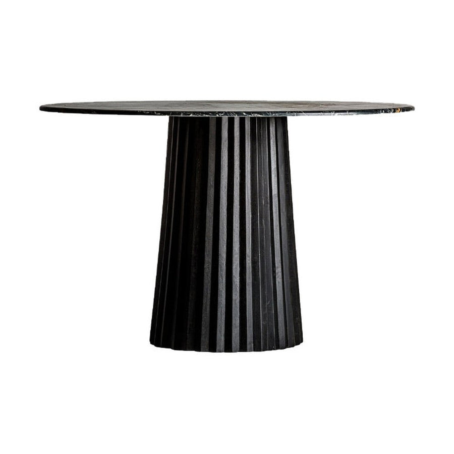 Kortárs stílusú, mangófából készült, egyedi formatervezésű étkezőasztal márványlappal. Színe: fekete.