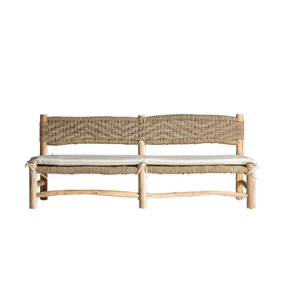 Törzsi stílusú, teakfából készült, egyedi formatervezésű, kézműves kanapé, növényi rostkötélből készült ülőfelülettel és háttámlával. 