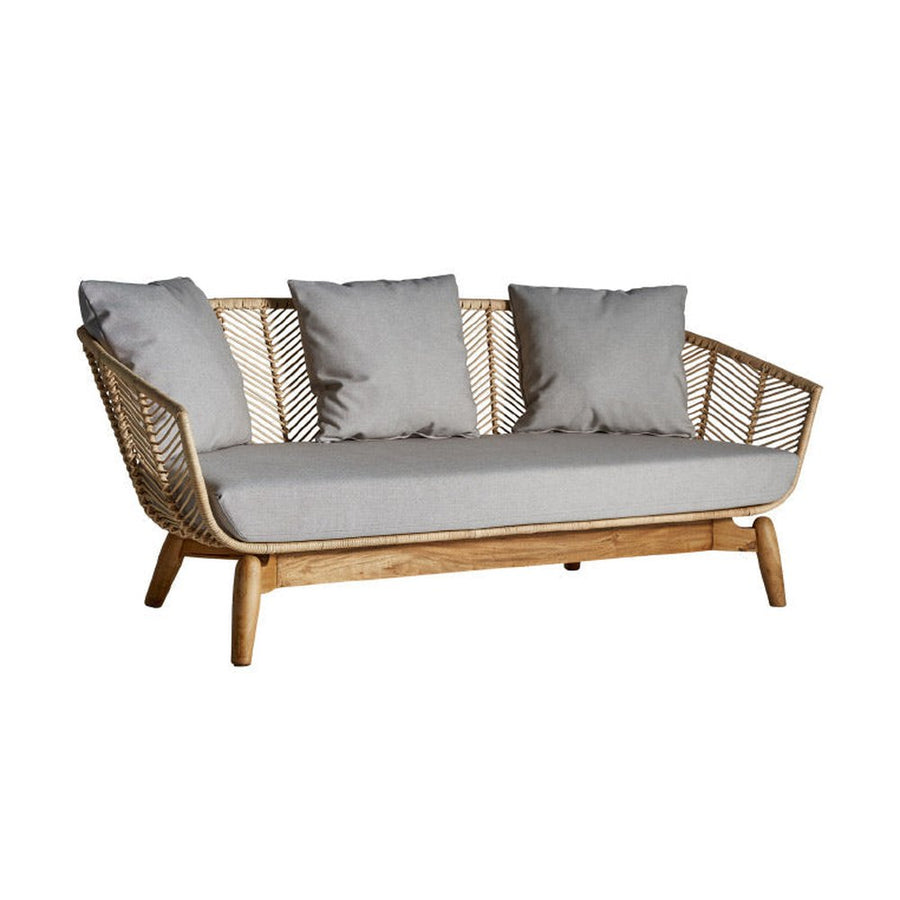 Kortárs stílusú, mahagónifából és rattanból készült, egyedi formatervezésű, kézműves dizájn kanapé ülő- és hátpárnákkal.