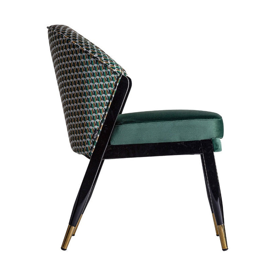 Kortárs stílusú, kaucsukfából készült, formatervezett art deco bársony karosszék. Zöld, okker és ezüstszínű mintás bársonnyal a háttámláján.