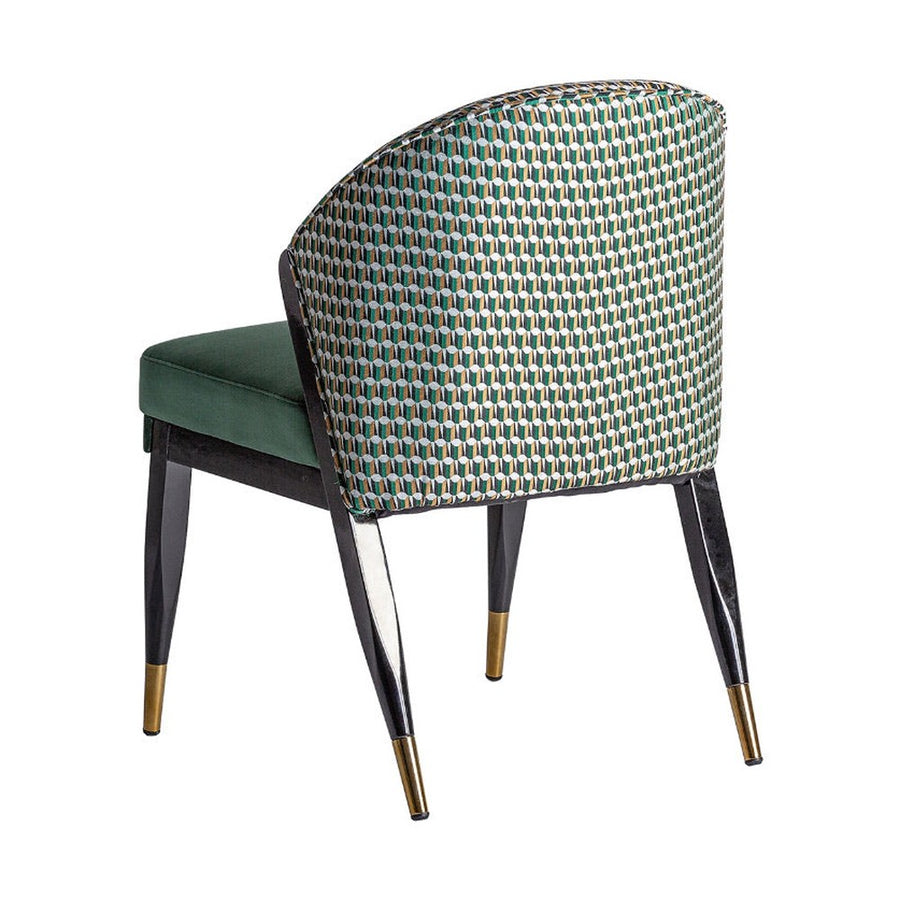 Kortárs stílusú, kaucsukfából készült, formatervezett art deco bársony karosszék. Zöld, okker és ezüstszínű mintás bársonnyal a háttámláján.