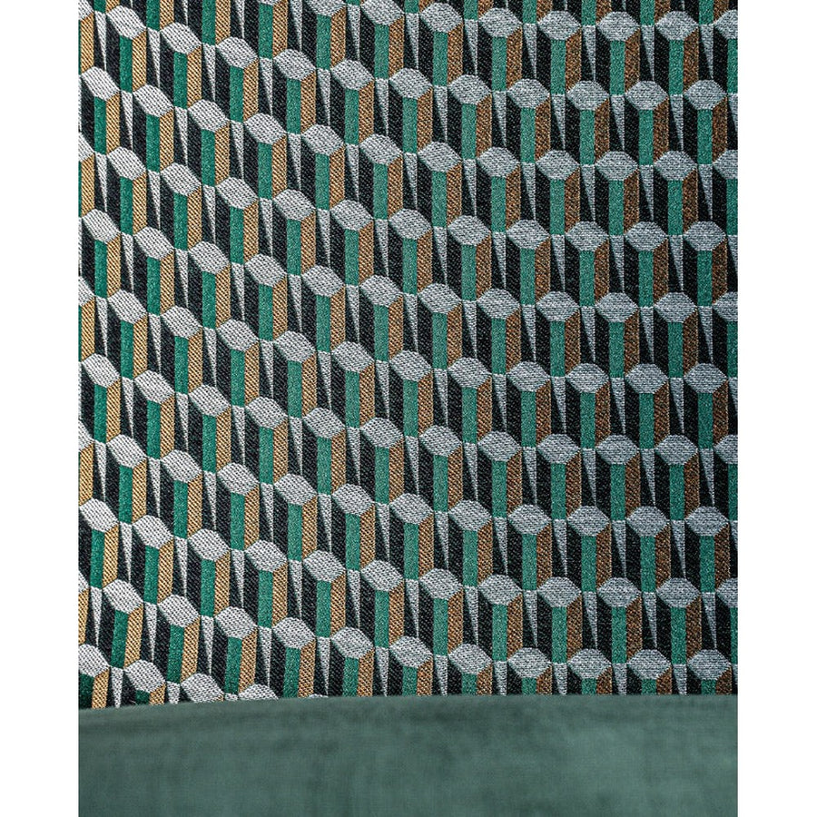 Kortárs stílusú, kaucsukfából készült, formatervezett art deco bársony karosszék. Zöld, okker és ezüstszínű mintás bársonnyal a háttámláján.