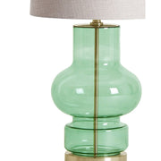 Kortárs stílusú, zöld színű üvegből és fémből készült, dizájn asztali lámpa bézs színű lenvászon lámpaernyővel.