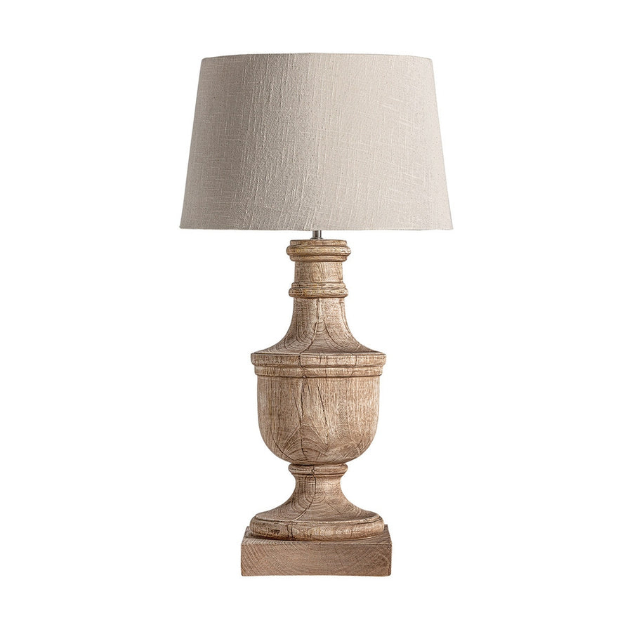 Mangófából faragott, nagyméretű, natúr színű asztali lámpa pamut lámpaernyővel,