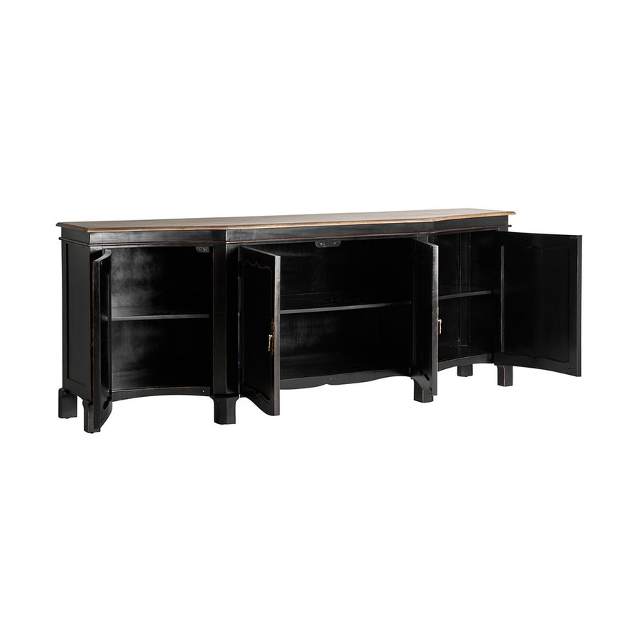 Koloniál stílusú, mangófából készült, fekete színű tálalókomód polcai.