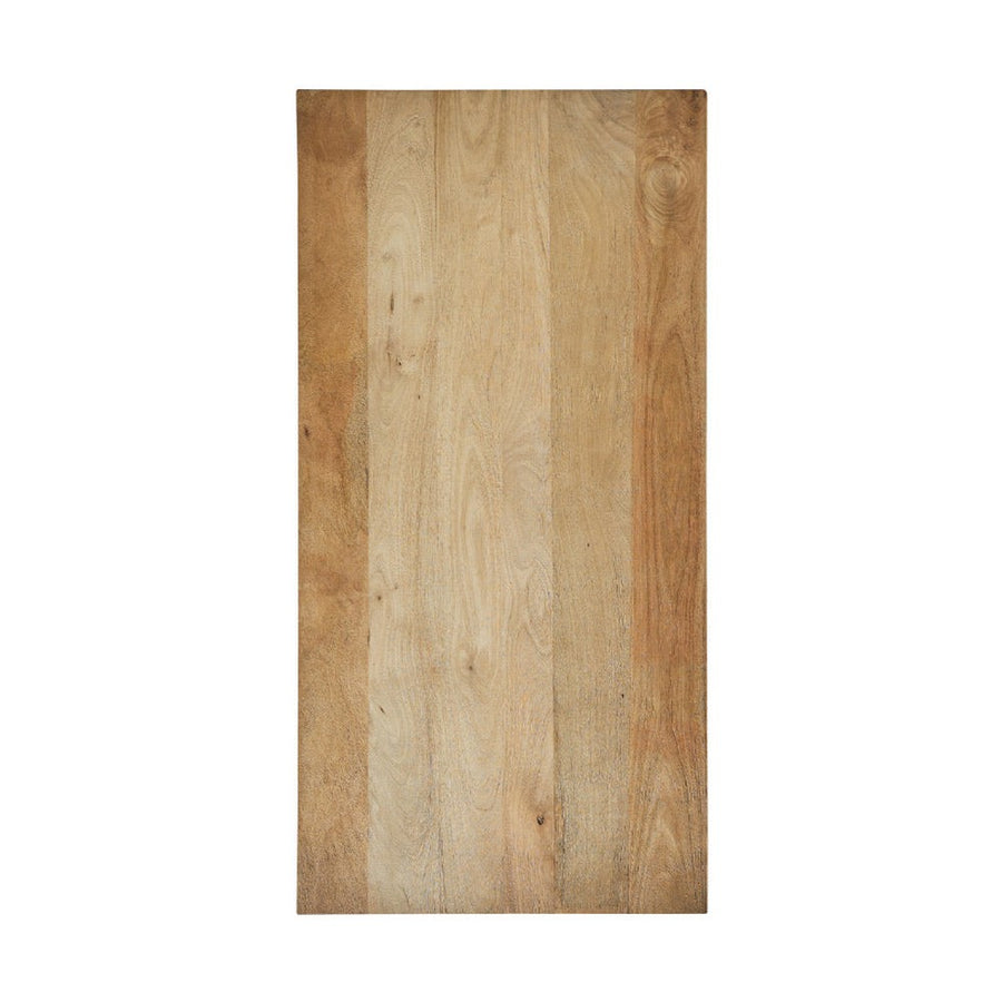 Ipari stílusú, mangófából és fémből készült étkezőasztal asztallapja.