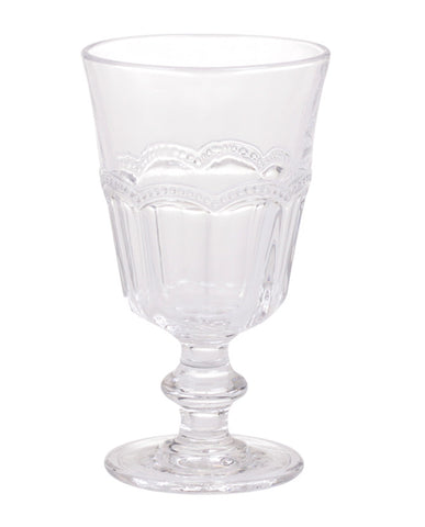 Vintage stílusú, pontozott dombormintával díszített átlátszó üvegű borospohár.