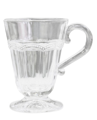 Vintage stílusú, pontozott dombormintával díszített átlátszó üveg bögre.