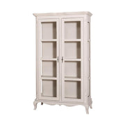 Kétosztatú, shabby chic stílusú, antikolt fehér színű vitrin szekrény.