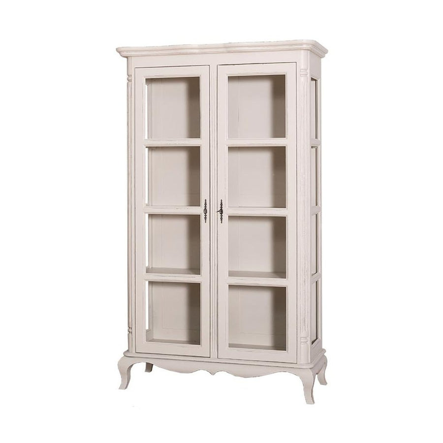 Kétosztatú, shabby chic stílusú, antikolt fehér színű vitrin szekrény.