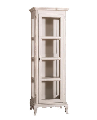 Shabby chic stílusú, antikolt fehér színű vitrin szekrény három polccal.