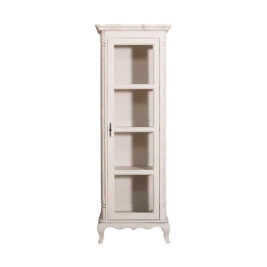 Shabby chic stílusú, antikolt fehér színű vitrin szekrény három polccal.