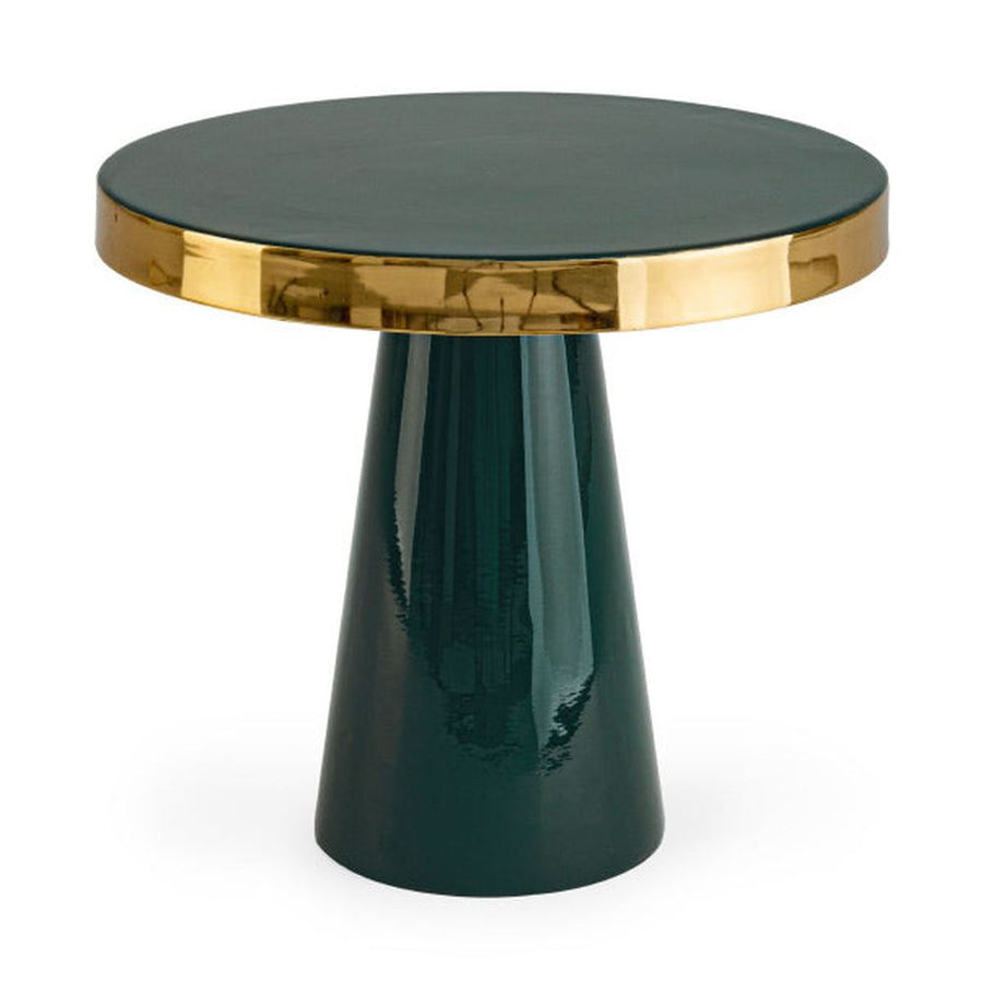 Glamour stílusú, zománcozott acélból készüt, zöld-arany színű, kerek formájú kisasztal.