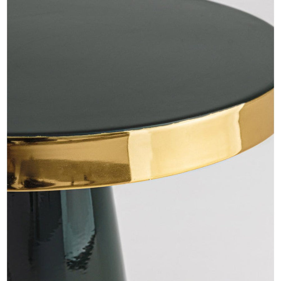 Glamour stílusú, zománcozott acélból készüt, zöld-arany színű, kerek formájú kisasztal.