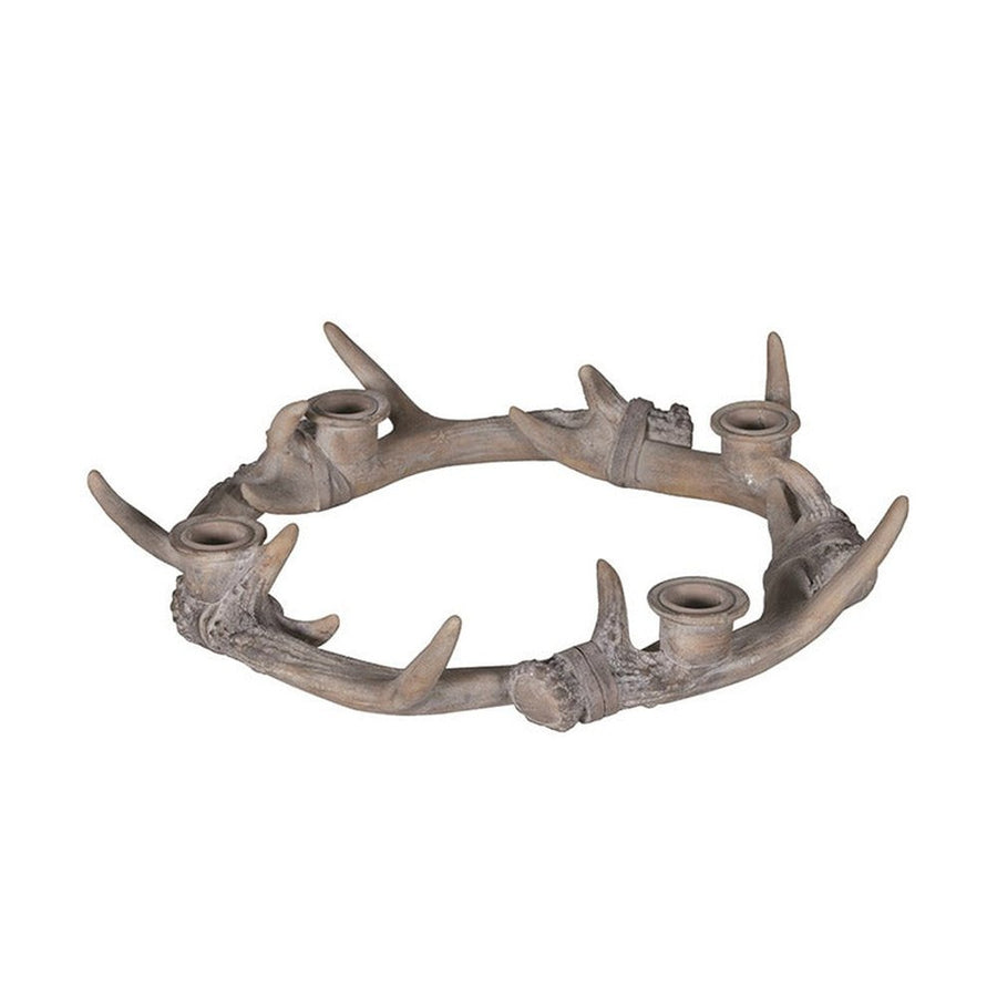 Vidéki stílusú, krém színű antikolt agancskoszorús 4 ágú gyertyatartó