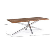 Kortárs stílusú akácfa étkezőasztal rozsdamentes acélból készült lábakkal méretekkel.