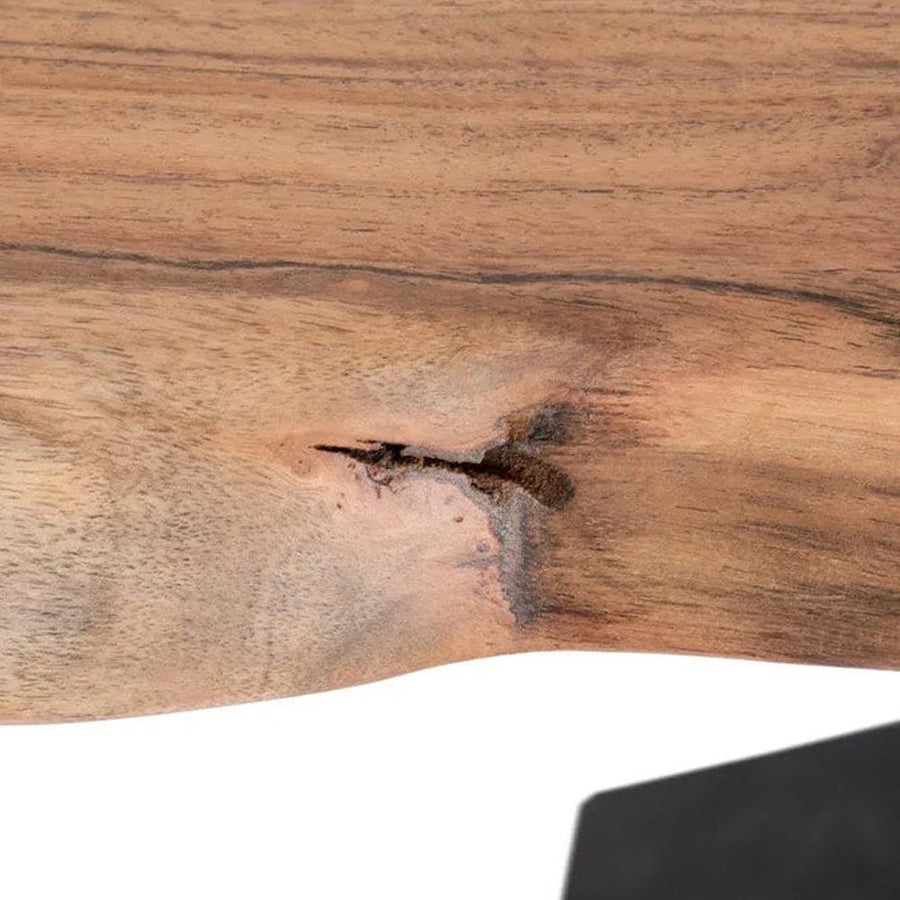 Óriás méretű, 300 cm hosszú, 5 cm vastag akácfa lappal és egyedi formájú, masszív acél láb alappal készült formatervezett, kortárs dizájn multifunkcionális asztal