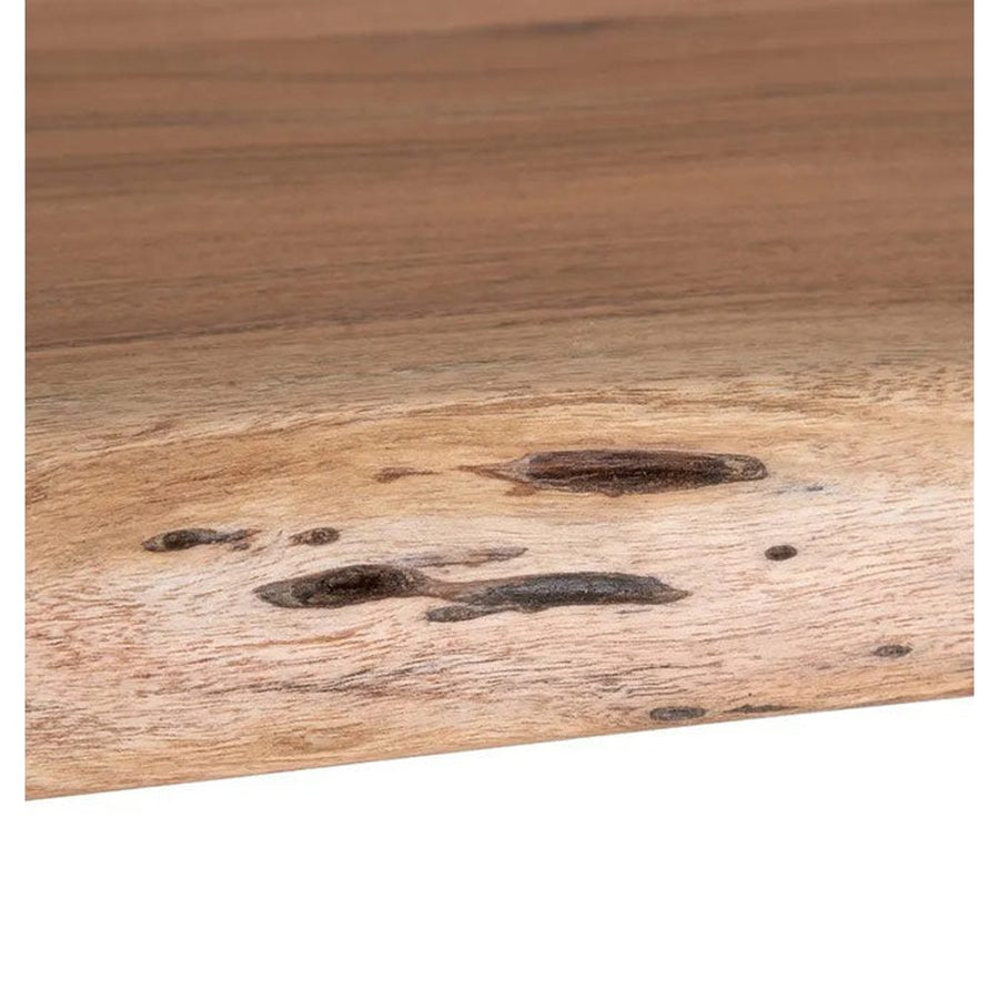 Óriás méretű, 300 cm hosszú, 5 cm vastag akácfa lappal és egyedi formájú, masszív acél láb alappal készült formatervezett, kortárs dizájn multifunkcionális asztal