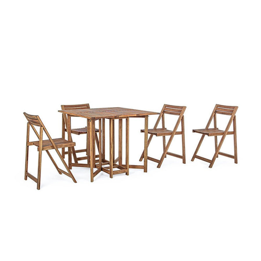 Akácfából készült, változtatható szélességű kerti asztal négy darab székkel.