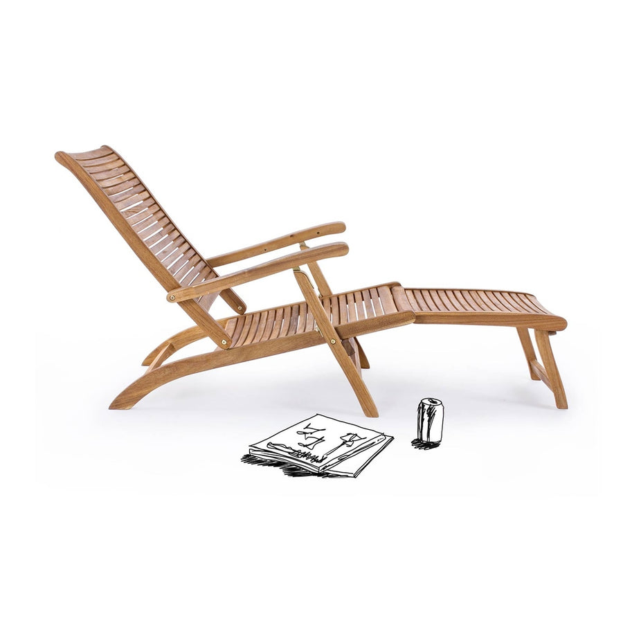 Akácfából készült, 163 cm hosszú, karfás kialakítású, kerti pihenőszék.