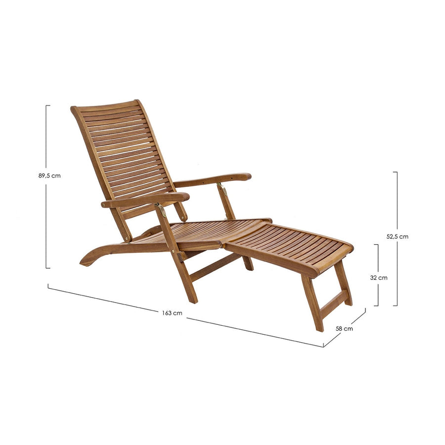 Akácfából készült, 163 cm hosszú, karfás kialakítású, kerti pihenőszék.